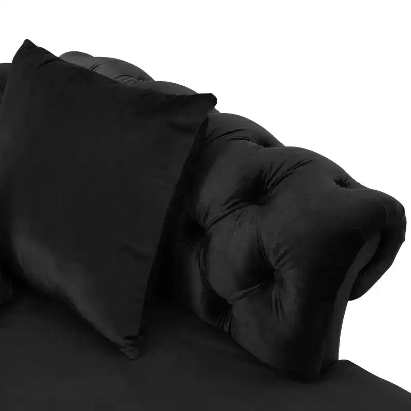 Méridienne double en velours capitonné style glamour moderne avec coussins décoratifs