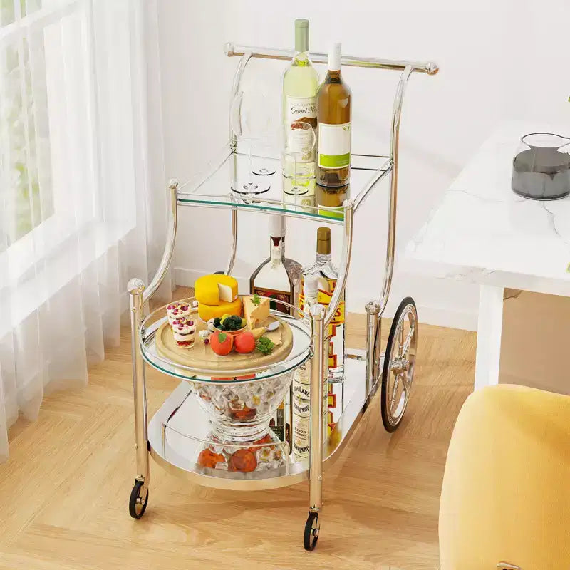 Desserte de bar à roulettes à 3 niveaux avec étagères en miroir pour cuisine