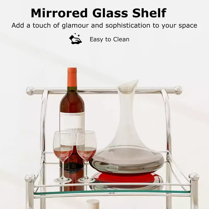 Desserte de bar à roulettes à 3 niveaux avec étagères en miroir pour cuisine