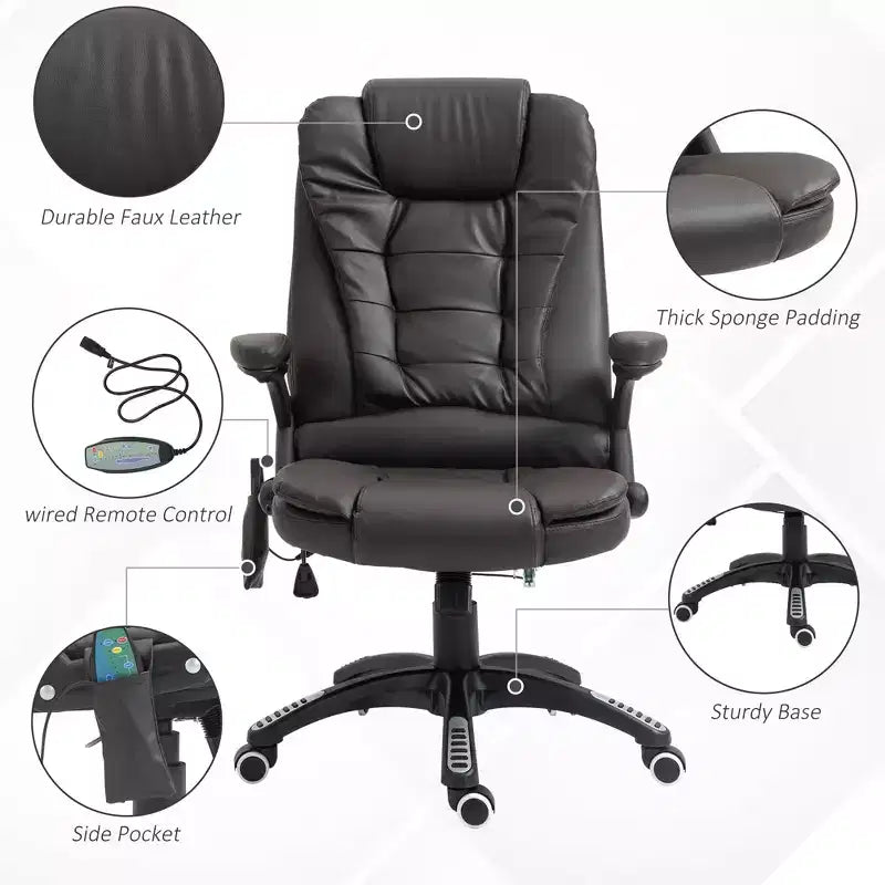 Fauteuil de bureau de direction massant à dossier haut, 6 points de vibration, similicuir, inclinable chauffant