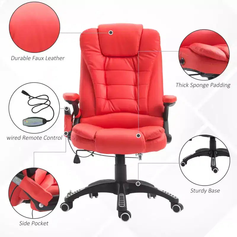 Fauteuil de bureau de direction massant à dossier haut, 6 points de vibration, similicuir, inclinable chauffant