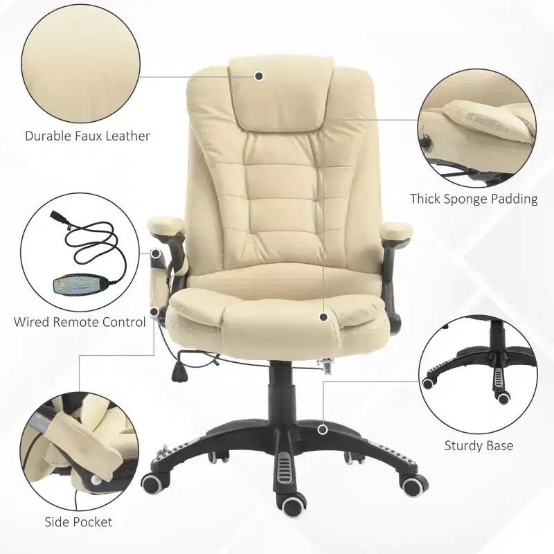 Fauteuil de bureau de direction massant à dossier haut, 6 points de vibration, similicuir, inclinable chauffant