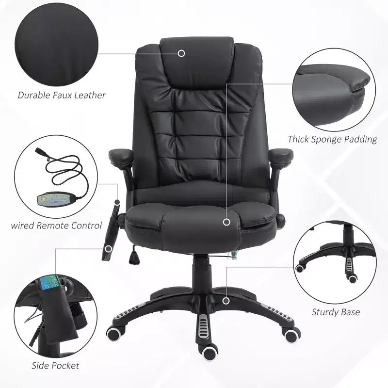 Fauteuil de bureau de direction massant à dossier haut, 6 points de vibration, similicuir, inclinable chauffant