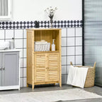 Meuble de salle de bain en bambou avec plusieurs étagères et portes, naturel