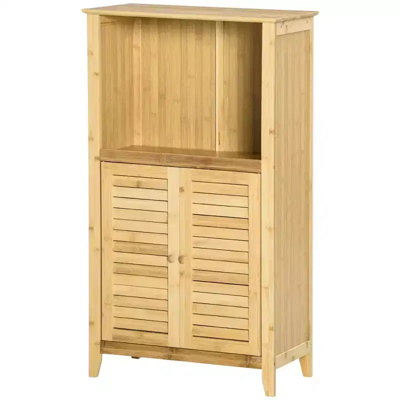 Meuble de salle de bain en bambou avec plusieurs étagères et portes, naturel